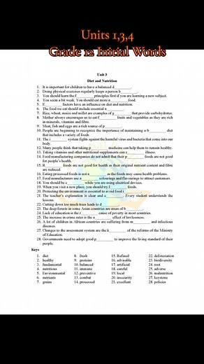 Grade 12 English Units 1,3,4 Initial Words #initialwords #symkk#question #students #english