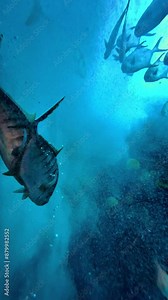 Colorful surgeonfish fishes of sea aquarium with coral reef. Foxface rabbitfish, Bluespine Unicornfish and Pyramid butterflyfish. Clownfish, Royal gramma, and Yellowfin Tang. Fishes of Red Sea. High