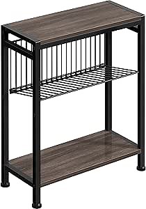 Side Table for Small Space, 3-Tier Narrow End Tablewith Magazine Holder,Slim Nightstand, Skinny Snack Couch Table in Living Room, Bedroom Study and Balcony(Ash Brown)