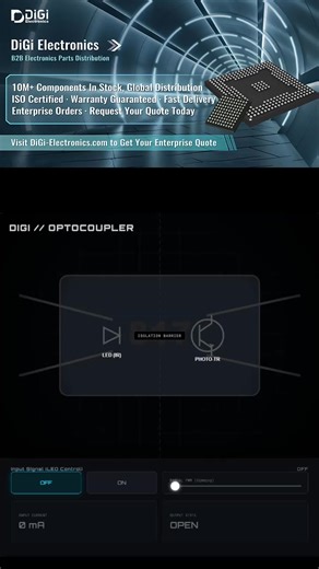 How to talk to High Voltage without getting fried! ⚡️🗣️ This is an Optocoupler. It uses LIGHT instead of wires to send signals. 👈 Left Side: Flashes an LED. 👉 Right Side: Sees the light and turns on. The middle is completely empty. It's the ultimate safety barrier for your electronics! 🛡️ #electronics #engineering #tech #visualized #physics #optocoupler #safety #science | DiGi Electronics