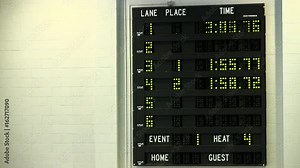 Indoor score board showing time results of swim team race