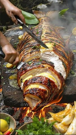 Fully Roasted Giant Fish | Primitive Survival Cooking #survival