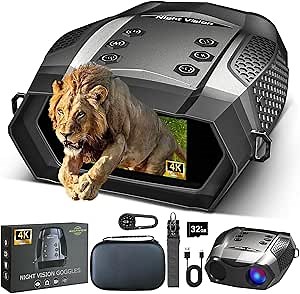 Night Vision Goggles, 3.2” HD Screen, 2625FT View Range, 5000mAh Battery, 7 IR Levels, 8X Zoom, 128GB - 4K Night Vision Binoculars Gift Set with Compass for Wildlife and Security