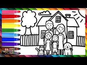 Draw and Color a Family with Their Pets in Front of Their House 👩👧👨👦🐱🐶🏡❤️🌈 Drawings for Kids