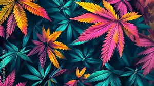 Colorful cannabis leaves with shades of pink, yellow, and blue create a unique and vibrant pattern