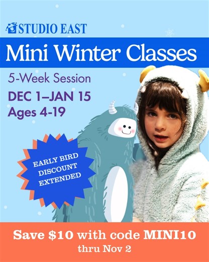 ✨ Big Fun, Mini Sessions! ✨ Our Mini-Winter Classes are the perfect way to explore theater in a short, 5-week session—with 2 weeks off for the holidays! 💸 Save $10 when you register by November 2 with code MINI10! Plus, stack your savings with our multi-class and sibling discounts (no code needed) Choose from classes for ages 4–19, including favorites like Acting for the Camera, Broadway Kids: Cinderella, and Slapstick Comedy. Join us this winter for big fun in mini sessions! 🔗 Register here: 
