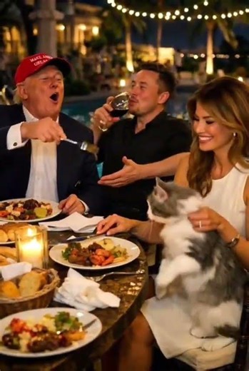 Elegant Outdoor Dinner at Mar-a-Lago: Trump Carves the Roast, Elon Toasts & the Cat Begs Charmingly