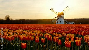Camera pans across vibrant tulip field during tulip festival, windmill turning slowly, rim light, rainbow of colors