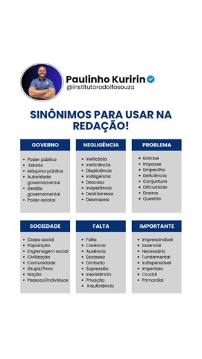 Ampliar o repertório lexical é uma das formas mais eficazes de melhorar a qualidade de uma redação. A repetição constante das mesmas palavras pode empobrecer o texto e reduzir a força argumentativa. Por isso, conhecer diferentes formas de expressar a mesma ideia ajuda a tornar o texto mais claro, coeso e bem estruturado algo que costuma ser muito valorizado na correção de provas discursivas. Salve este material para consultar durante seus estudos e compartilhe com alguém que também está se prepa