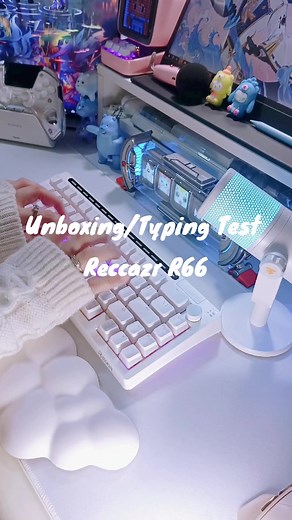 Unboxing/Typing Test Reccazr R66. Thank you @mechlands for giving this to me. I really love how the RGB light effects with their various colors add such an attractive appeal to this keyboard's design. Noteable features:🤸🏻‍♀️🫶🏻 ✧66 keys ✧Compact 68% Layout with a Knob Top ✧Gasket Mount Design & High-Quality PBT Keycaps ✧South-Facing LEDs & Windows / Mac0S ✧Compatible Hot-Swappable Keys ✧Voice-Controlled Light Strip Triple-Mode Wireless/Wired Keyboard With 4000mAh Battery ✧RGB Light Effects, L