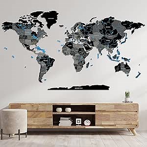 WOODEN.CITY Multi-Level Wooden Map of The World for Wall Matte Black XXL - Handcrafted 3D Wooden World Map Wall Decor - 3D Wood World Map Wall Art - Mapa Mundi Para Pared 3D - Flags Wooden Travel Map