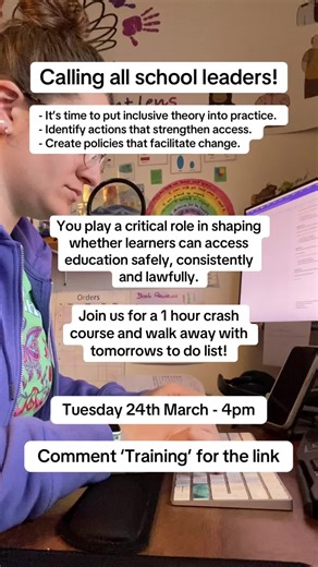 Is your school being overwhelmed with increasing individual needs? * Join us for Access to Education: School Leaders. We look past the numbers and focus on how to overcome the barriers. We will give you practical steps to improve school wide inclusion. Let’s turn inclusion theory into practice. * 1 hour short course. Tuesday 24th March - 4pm * Comment ’TRAINING’ for the link! * #SchoolLeaders #DiscoverInclusion #AccessToEducation #AccessibleCurriculum #CreativeLearning