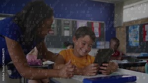 Binary code animation over students using tablets in school classroom