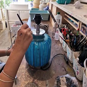 Hand Painted Table Lamp: Green & Blue Glass Home Decor - Etsy UK