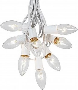 Novelty Lights Clear Hanging Incandescent Christmas String Lights - Retro Traditional C9 Indoor/Outdoor Light Set w/ 25 Mini Bulbs for Roof Lines, Patios (White Wire, 25' Long)