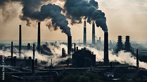 The footage shows a factory emitting thick black smoke from multiple smokestacks, highlighting the severe impact of industrial pollution on air quality.