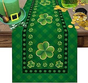 St. Patrick's Day Cotton Linen Table Runner Dresser Scarves,Happy St. Patrick's Day Clover Green Buffalo Table Runners for Dinning Table,Kitchen Decor,Holiday Parties Dinner Decoration-13x36 Inch