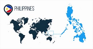 Philippines map located on a world map with flag and map pointer or...