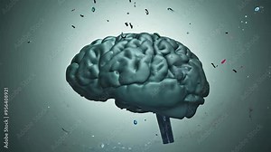 human brain surrounded by floating particles representing microplastic, highlighting concerns of pollution's impact on health and the brain