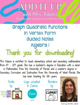 Graph Quadratic Functions in Vertex Form - Guided Notes with Answer Key