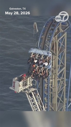 A terrifying roller coaster rescue is underway in Galveston, Texas Thursday. A car became stuck on a vertical track, leaving eight people dangling at the very top of the ride. Firefighters are using a long-ladder truck to reach the riders several stories above the ground. Crews are working to remove each rider from the ride by gently catching them and lowering them into the basket at the end of the ladder, before walking them down an incredibly steep structure to safety.  Latest details: