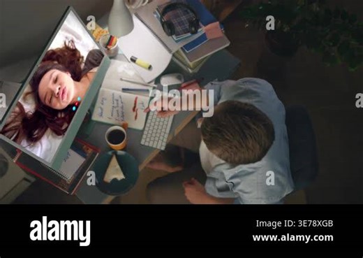 Remote couple talking web conference at home top view. Relaxed boyfriend video calling woman flirting on weekend evening. Coquettish girl enjoying virtual meeting conversation. Lovers online chat Stock Video Footage - Alamy