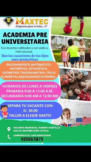 #SERVICIO_PUBLICO 🔴🔵 ATENCIÓN: INICIAMOS LA ACADEMIA PRE UNIVERSITARIA MAXTEC EN OLMOS👇🏻 Ya se encuentra en Olmos la Academia Pre Universitaria Maxtec🏅, una academia con sedes en todo el Perú y aperturando ciclos en los distritos de Jayanca y Motupe. Ahora también en Olmos. ✅Ofrece cursos y talleres para primaria y secundaria. ✨Profesores calificados de la ciudad de chiclayo, qué brindarán el mejor soporte para tus hijos y darle utilidad a sus vacaciones!!!⭐👇 ❗Ojo: Por tu inscripción a los