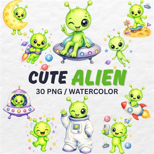 Alien Clipart Bundle, Cute Watercolor Space Kids PNG (digital Download) - Etsy