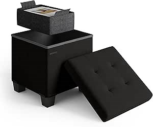 Storage Ottoman Cube with Small Bin, 15-in Square Ottoman with Storage for Living Room and Bedroom, Small Ottomans Foot Rest, Velvet Foot Stools Ottomans Max 330lbs, Black