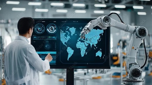 Medium shot capturing an AIdriven lab assistant autonomously conducting automated data analysis with dynamic visualization tools in a modern research facility