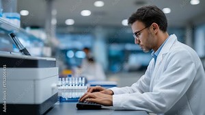 A scientist runs a qPCR to measure telomere length in a molecular lab, with thermal cyclers heating, fluorescence detectors beeping, sample tubes in racks, and data curves plotting, captured in a