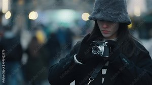 A woman wearing a gray hat is smiling and taking pictures with vintage old camera. She is surrounded by other people on a city street