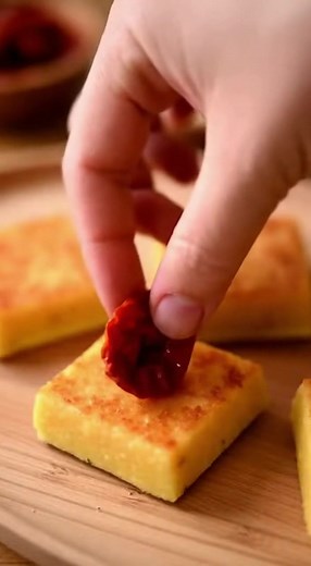 Bouchées de polenta aux herbes et tomates séchées Nombre de personnes : 4 Temps de préparation : 30 minutes 🧂 Ingrédients 150 g de polenta fine 600 ml d’eau 40 g de parmesan râpé 1 c. à soupe d’huile d’olive 1 c. à soupe de beurre 1 c. à soupe d’herbes de Provence 🌿 6 tomates séchées à l’huile 1 c. à soupe de persil frais ciselé Sel et poivre du moulin 👩‍🍳 Préparation détaillée Cuire la polenta 🍲 Portez l’eau à ébullition dans une casserole. Ajoutez une pincée de sel et versez la polenta en
