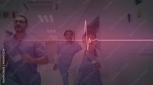 Animation of heart rate monitor against team of diverse doctors running in hospital corridor