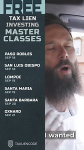 Join us at our FREE Live Tax Lien Masterclass We're coming to the Santa Barbara Area Sep 18 - 21 📅 100% FREE training on Tax Lien Investing in 2024 🏘📈 This training will cover...👇 ✅ How to bid on Tax Liens from home 🏠 ✅ Why you don’t need $1,000’s of dollars to invest in Tax Liens 💸 ✅ How to profit from Tax Liens without ANY previous experience💎 ✅ How to turn Tax Liens from just a “side hustle” into your main source of income 💰 Register Now! | Tax Lien Code