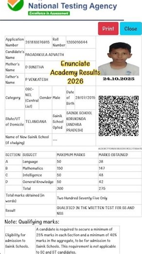 275/300 results in Sainik school Entrance exam