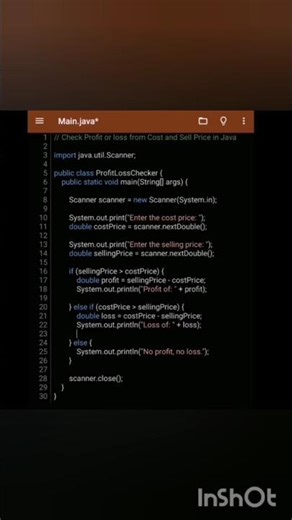 Check Profit or loss from Cost and Sell Price in Java #javaprogramming #java #code #coding #coder