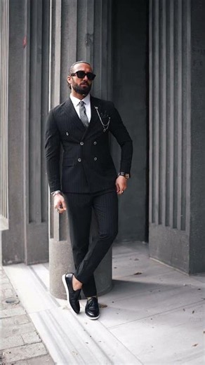 Men's Double Breasted Striped Black Wedding Suit, breathable, lightweight, and always sharp.