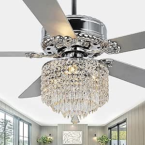 52 Inch Crystal Ceiling Fan with Light and Remote Control, Chrome Modern Chandelier Ceiling Fan Fandelier for Living Room Bedroom