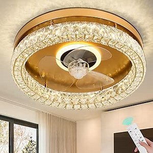 CLAIRDAI Crystal Ceiling Fans with Lights Flush Mount Ceiling Fan with Remotel Control Dimmable LED Low Profile Ceiling Fan 6 Speeds Reversible Blades Timing with Remote Control Gold
