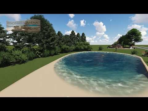 Piscina de arena tipo playa y estanque.