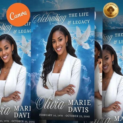 Blue With Clouds 8 Page Funeral Memorial Template, 17x11 Obituary Program, Bifold, in Loving Memory, Elegant Celebration of Life, Canva - Etsy