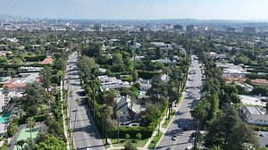 Beverly Hills At Los Angeles California United States. City Skyline Showing Modern And Traditional Architecture. Business Clouds Sky Downtown Cityscape. Drone View Downtown Panoramic.