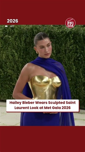#haileybieber Stuns in Sculpted Gold Armour & Cobalt Blue Saint Laurent at #metgala2026