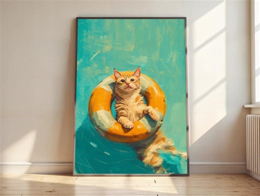 Ginger Cat Wall Art | Retro Pool Cat Poster | Funny Summer Cat Print | Bird’s Eye View Artwork | Cute Cat Lover Gift Decor - Etsy