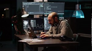 Young man feeling tired and working on programming code, typing database information and html script on laptop. Adult falling asleep at office, being exhausted using terminal window. Handheld shot.