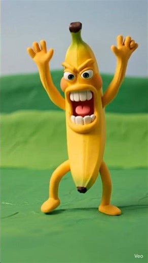 The banana figure frantically dances while shouting, 'Peel the rhythm