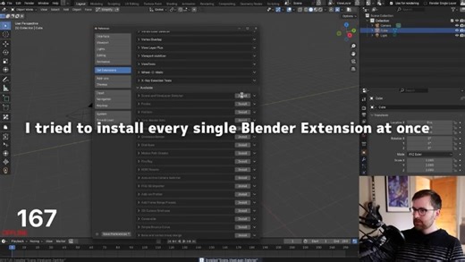 公開されている約600個のBlender拡張機能を全てインストール＆有効化して最強のBlenderを構築してみた検証動画！ I tried to install every single Blender Extension at once https://3dnchu.com/archives/blender-ext-600-polyfjord/ by polyfjord とりあえずアドオンは入れすぎ注意ですね… | 3D人 -3dnchu- | Facebook