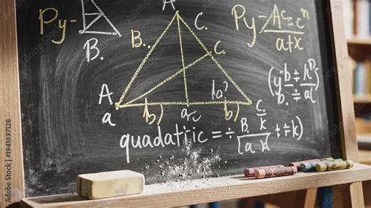 A chalkboard with mathematical equations and diagrams in a classroom setting with chalk and eraser
