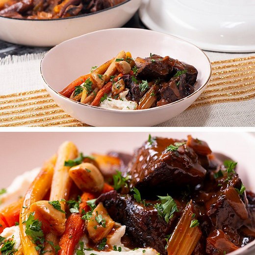 Serve these red wine braised short ribs with cashew cauliflower mash to impress everyone at your next dinner party! Recipe: https://tasty.co/recipe/red-wine-braised-short-ribs-with-cashew-cauliflower-mash Cook it in Goodful's enamel cast iron braiser used in this video: https://bzfd.it/35JahaB | Goodful